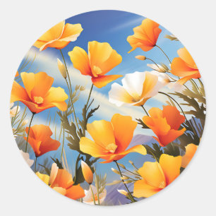 Sticker Rond Vibrant California Poppies Meadow