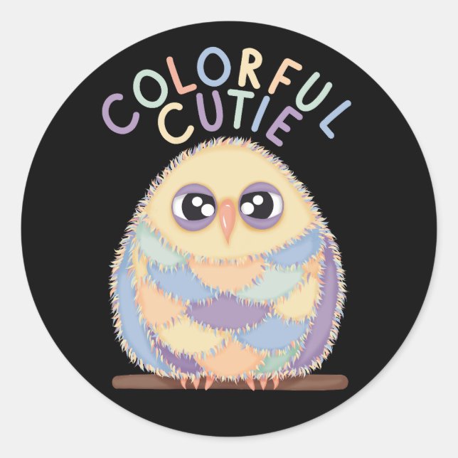 Sticker Rond Vibrant Colorful Owl with Text (Devant)