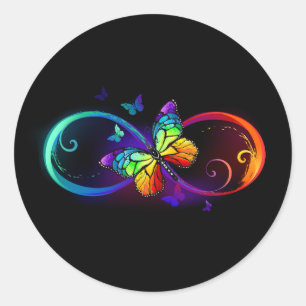 Sticker Rond Vibrant infinity with rainbow butterfly on black