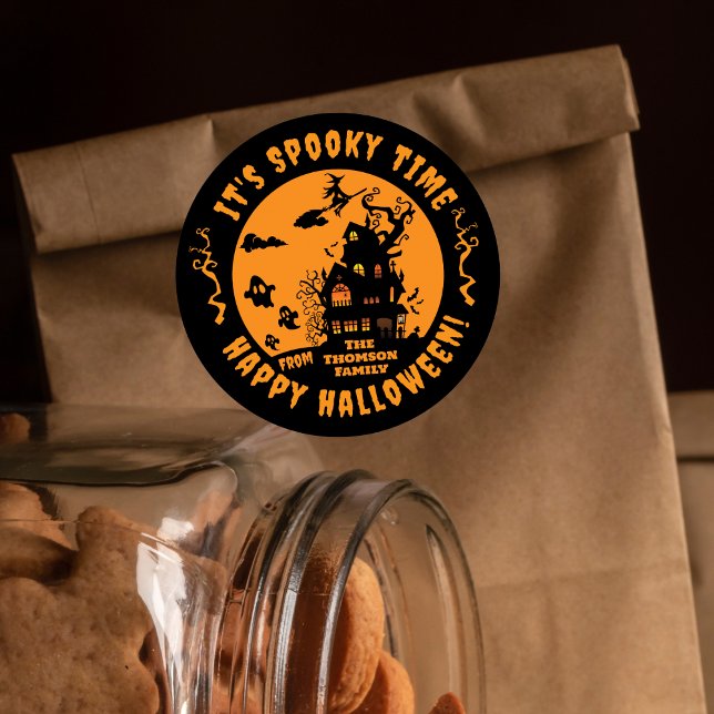 Sticker Rond Vibrant Orange Black Haunted Maison Halloween (Créateur téléchargé)