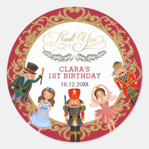 Sticker Rond Vibrant Red Gold Nutcracker Fête Anniversaire Fav