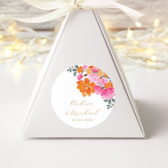Sticker Rond Vibrant Rose Orange Floral Été Mariage personnalis (Créateur téléchargé)