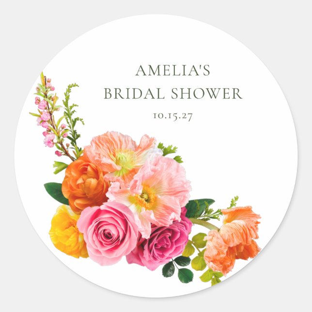 Sticker Rond Vibrantes Pavots Roses Florales Fête de Mariage (Devant)