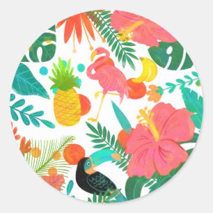 Sticker Rond Vibrations Tropicales Feuilles Florales Fête d'Été