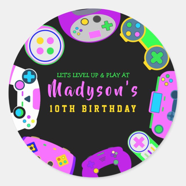 Sticker Rond VIDÉO JEU JEU Fille Anniversaire Fête Invitation (Devant)
