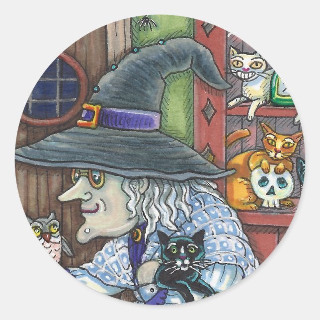 STICKER ROND VIEILLE WITCH HAPPY HOME, BEAUCOUP DE CHATS & OWL  (Devant)