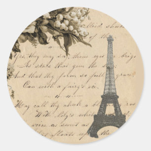 Sticker Rond Vielles fleurs françaises et tour Eiffel