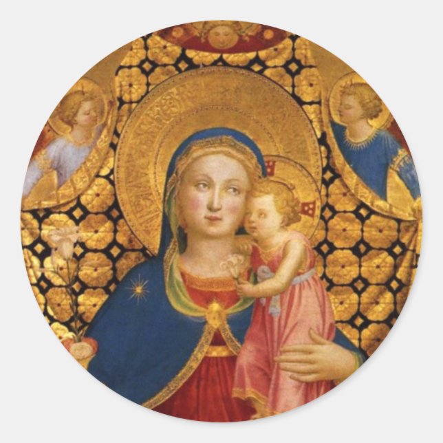 STICKER ROND VIERGE AVEC ENFANT ET ANGELS (Devant)