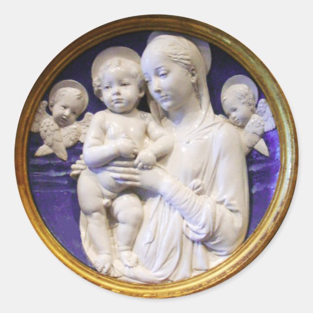 Sticker Rond VIERGE AVEC ENFANT ET ANGELS, Noël Blanc Bleu (Devant)