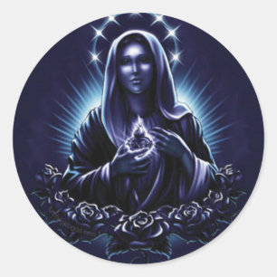 Sticker Rond Vierge Marie à fleurs violettes