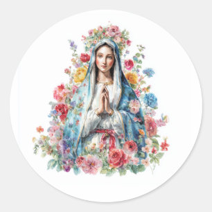 Sticker Rond Vierge Marie aquarelle florale religieuse catholiq