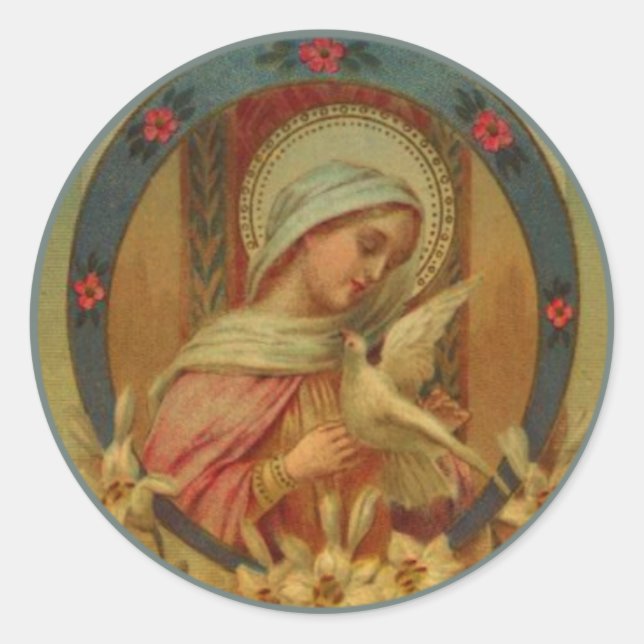 Sticker Rond Vierge Marie avec colombes, lis et roses (Devant)