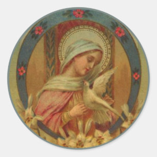 Sticker Rond Vierge Marie avec colombes, lis et roses