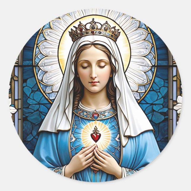 Sticker Rond Vierge Marie avec le Sacré Coeur Vitrail (Devant)