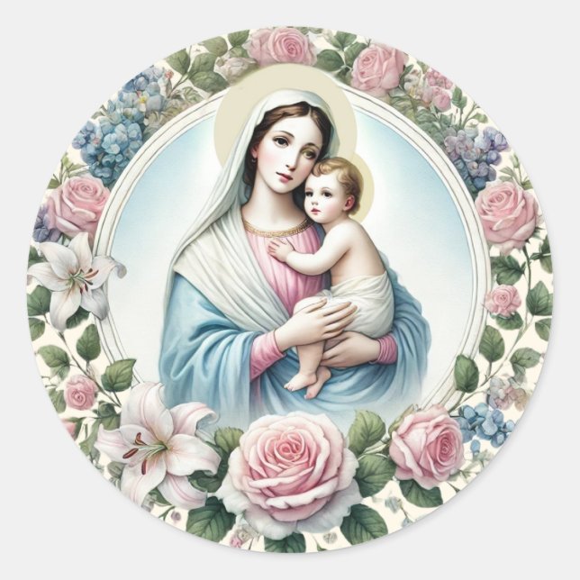 Sticker Rond Vierge Marie Jésus rose Roses catholiques (Devant)