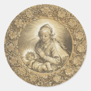 Sticker Rond Vierge Marie Jésus Vintage Noël
