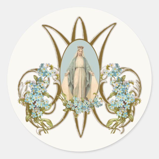 Sticker Rond Vierge Marie Religieuse Élégante Grâce Florale (Devant)