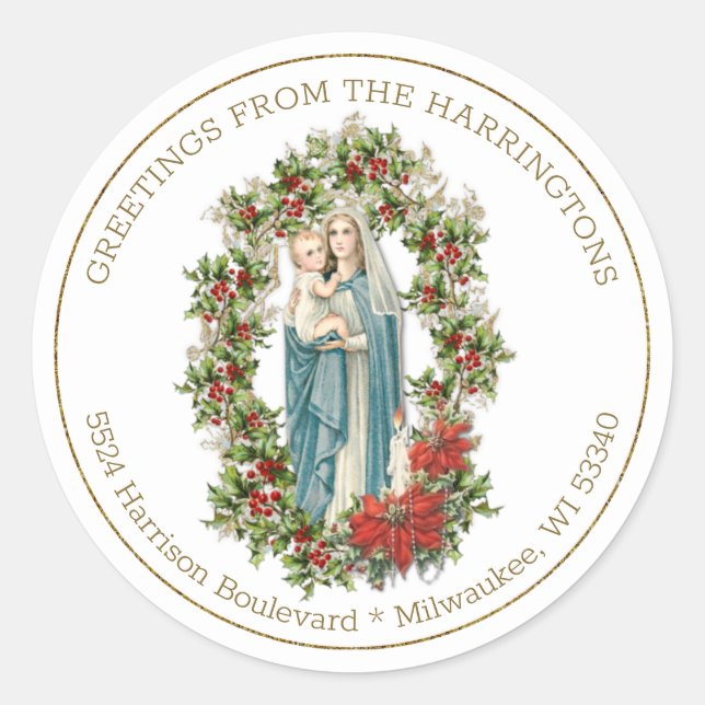 Sticker Rond Vierge religieuse Marie Jésus Poinsettias de Noël (Devant)