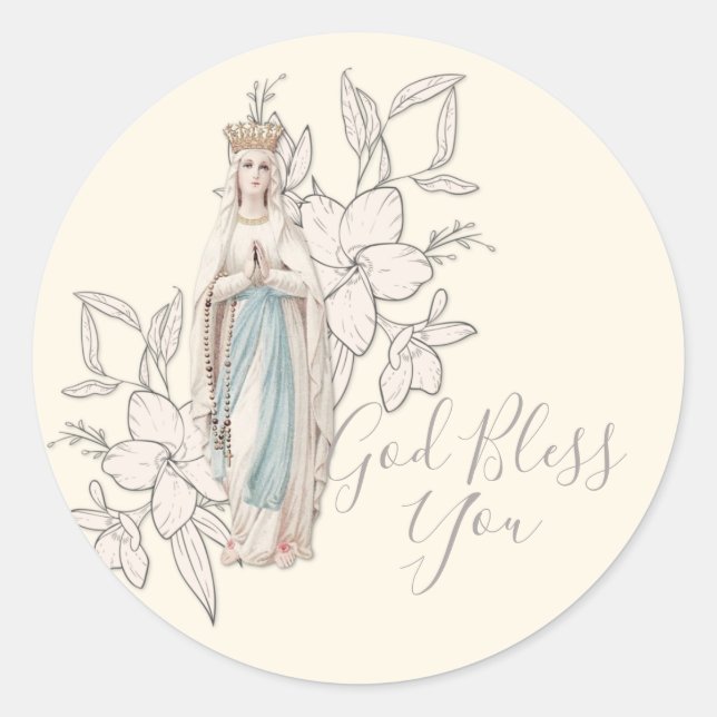 Sticker Rond Vierge religieuse Marie Lourdes Dieu Vous Bénit (Devant)
