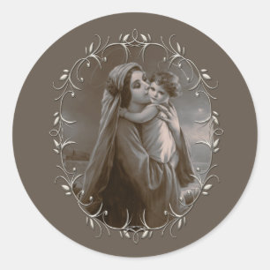 Sticker Rond Vierge vintage et enfant avec cadre argenté