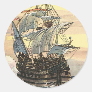Sticker Rond Vieux bateau pirate, galion naviguant sur l'océan