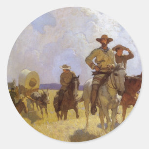 Sticker Rond Vieux Cowboys, Le Costume Parkman par NC Wyeth