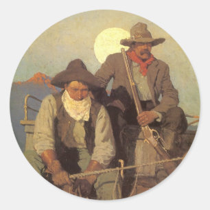 Sticker Rond Vieux Cowboys, The Pay Stage par NC Wyeth