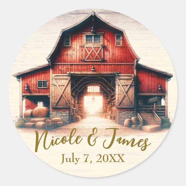 Sticker Rond Vieux Grenier Rouge Mariage Campagnard Rustique (Devant)
