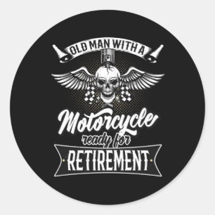 Sticker Rond Vieux Homme Avec Moto Prêt À La Retraite