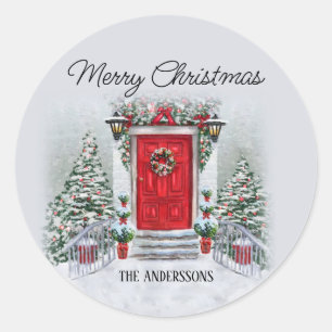 Sticker Rond Vieux temps Vintage porte rouge Wreath Joyeux Noël