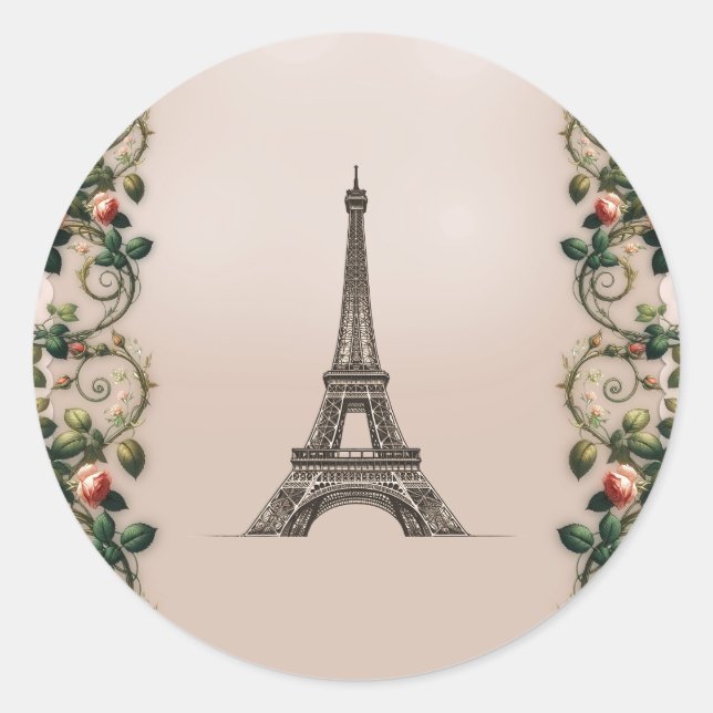 Sticker Rond Vignes roses rose Paris Eiffel Elégant (Devant)