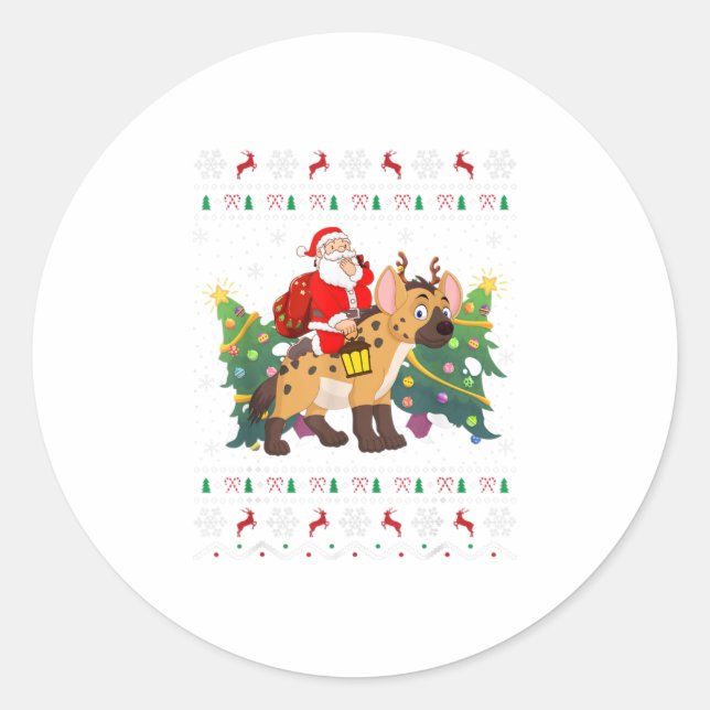 Sticker Rond Vilain Hyena Xmas Cadeau Drôle Père Noël Riding (Devant)