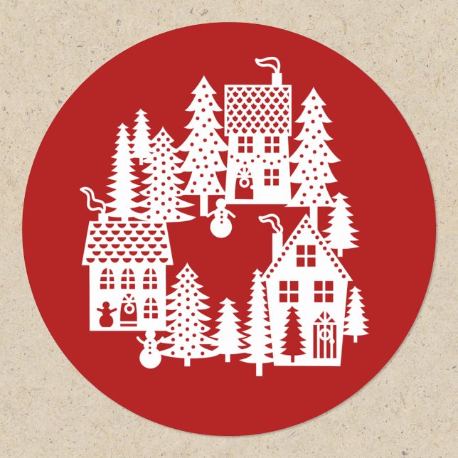 Sticker Rond Village de Noël Rouge et Blanc (Red and white festive Christmas Village stickers)