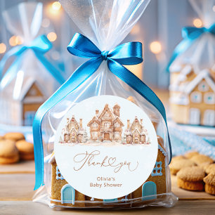 Sticker Rond Village d'hiver Baby shower bleu Merci