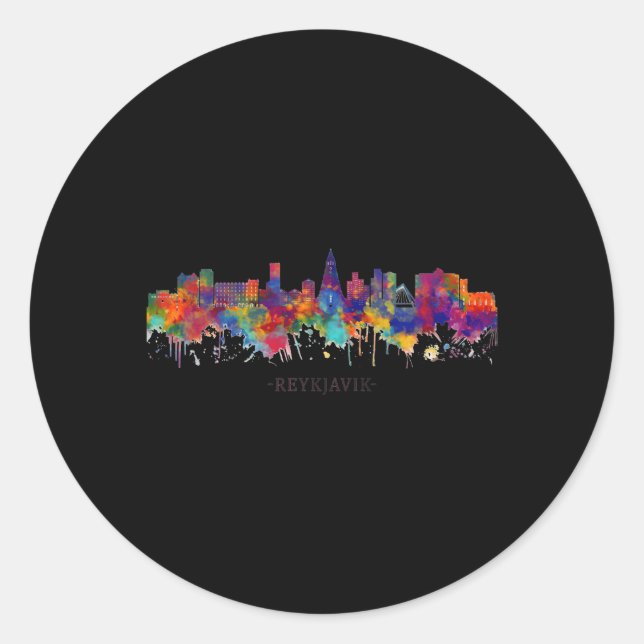 Sticker Rond Ville Aquarelle Skyline Accueil État Reykjavik (Devant)