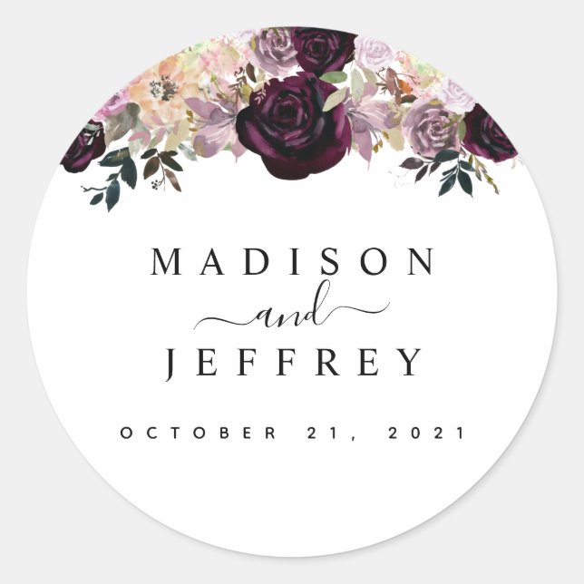Sticker Rond Vin Plum Mauve Fall Floral Mariage (Devant)