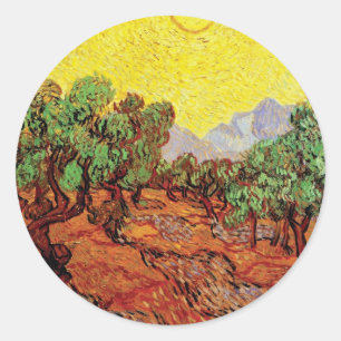 Sticker Rond Vincent Van Gogh - Oliviers avec ciel jaune