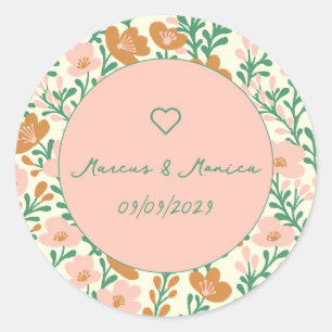 Sticker Rond Vins fleurs sauvages Rose Vert Élégant Mariage Per