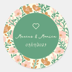 Sticker Rond Vins fleurs sauvages Rose Vert Élégant Mariage Per