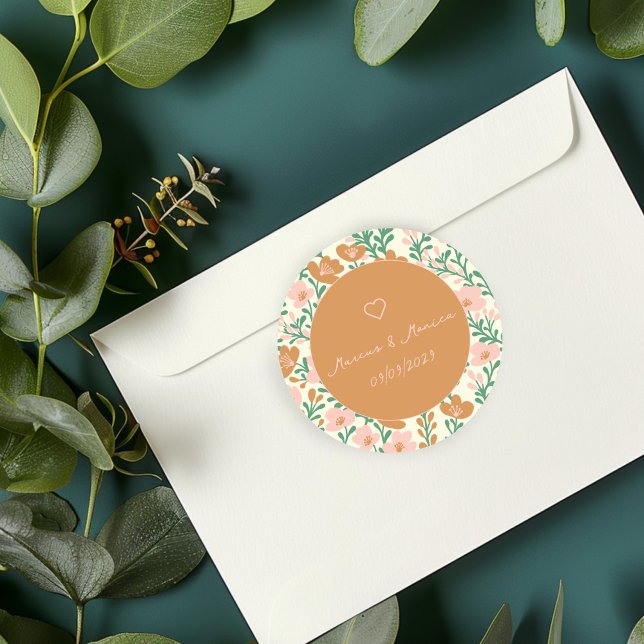 Sticker Rond Vins fleurs sauvages Rose Vert Élégant Mariage Per (Wildflower Vines Pink Green Elegant Wedding Custom Classic Round Sticker
)