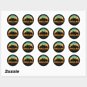 Sticker Rond Vintage 80s Dallas City Texas Skyline Retro Sunset