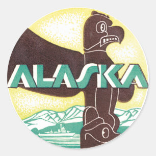 Sticker Rond Vintage Alaska Travel Totem Pole Eagle Bird