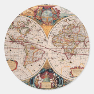 Sticker Rond Vintage Antique Ancien Monde Carte Design Imprimé