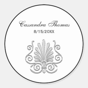 Sticker Rond Vintage Art Déco Argent Plume Arabesque