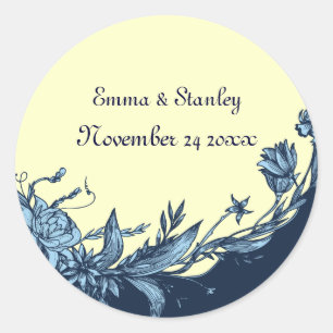 Sticker Rond Vintage bleu fleurs jaune pâle mariage