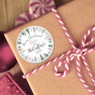 Sticker Rond Vintage Chic Joyeux Arbres de Noël BLEU & Vert