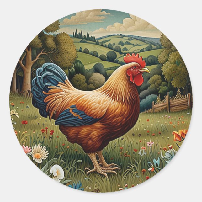 Sticker Rond Vintage chic pâturage de poulet boho paysage (Devant)
