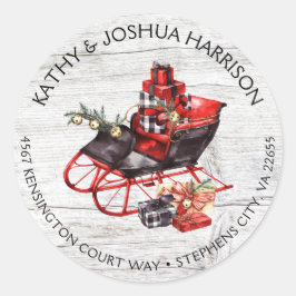 Sticker Rond Vintage Christmas Sleigh and Packages Wood Address