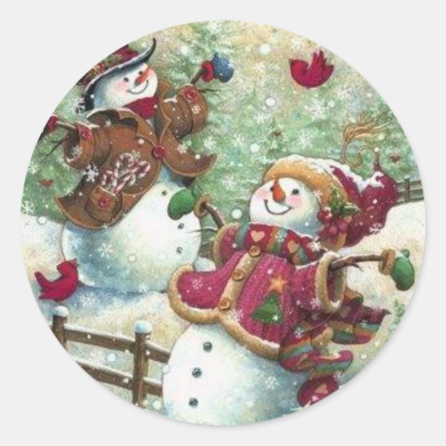 Sticker Rond Vintage Christmas Snowmen (Devant)