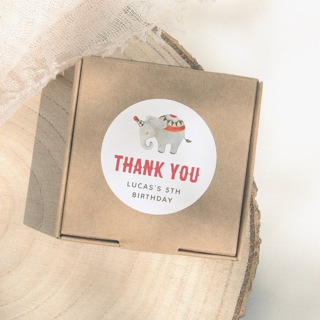 Sticker Rond Vintage Circus Elephant Boy Birthday Thank You (Créateur téléchargé)